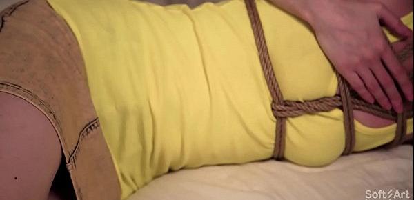  Jute shibari pentagram and tied legs in yellow shirt